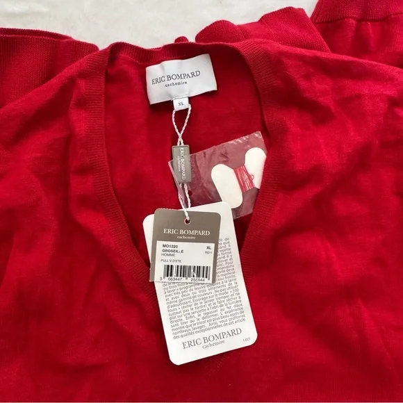 Eric Bompard Men’s Relaxed V-Neck Sweater XL Red Cotton Cashmere Blend NWT